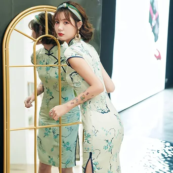 

Mini Split Green Print Flower Women Cheongsam Chinese Style Mandarin Collar Prom Party Dress Satin Eleagnt Qipao Vestidso