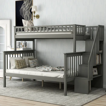 

Twin Over Full Kids Bed Frame Solid Wooden Bunk Beds with Slide Shelves Bedroom Set Home Office Furniture,Gray White
