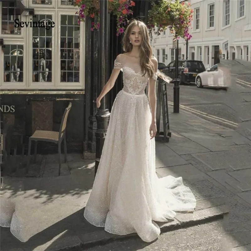 

Sevintage 2020 Bohemian Wedding Dresses Off the Shoulder Lace Appliqued Bridal Gowns Sequins Tulle Bride Dress Robe De Mariee