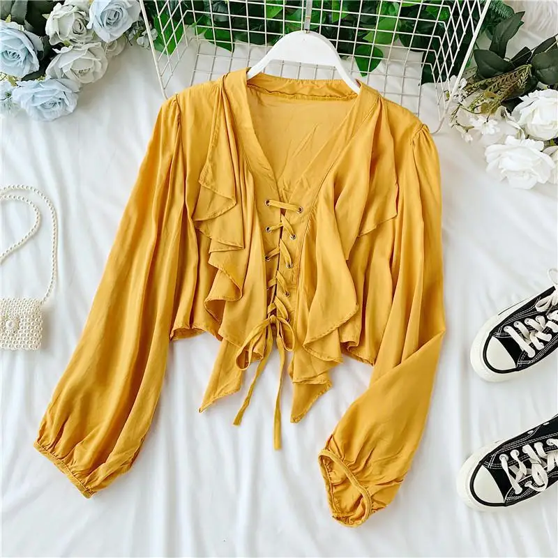 Womens Autumn New Fashion Frenulum Lotus Edge Shirt 2019 Temperament Woman Trend Long Sleeves Western Style Short Chiffon Shirts |