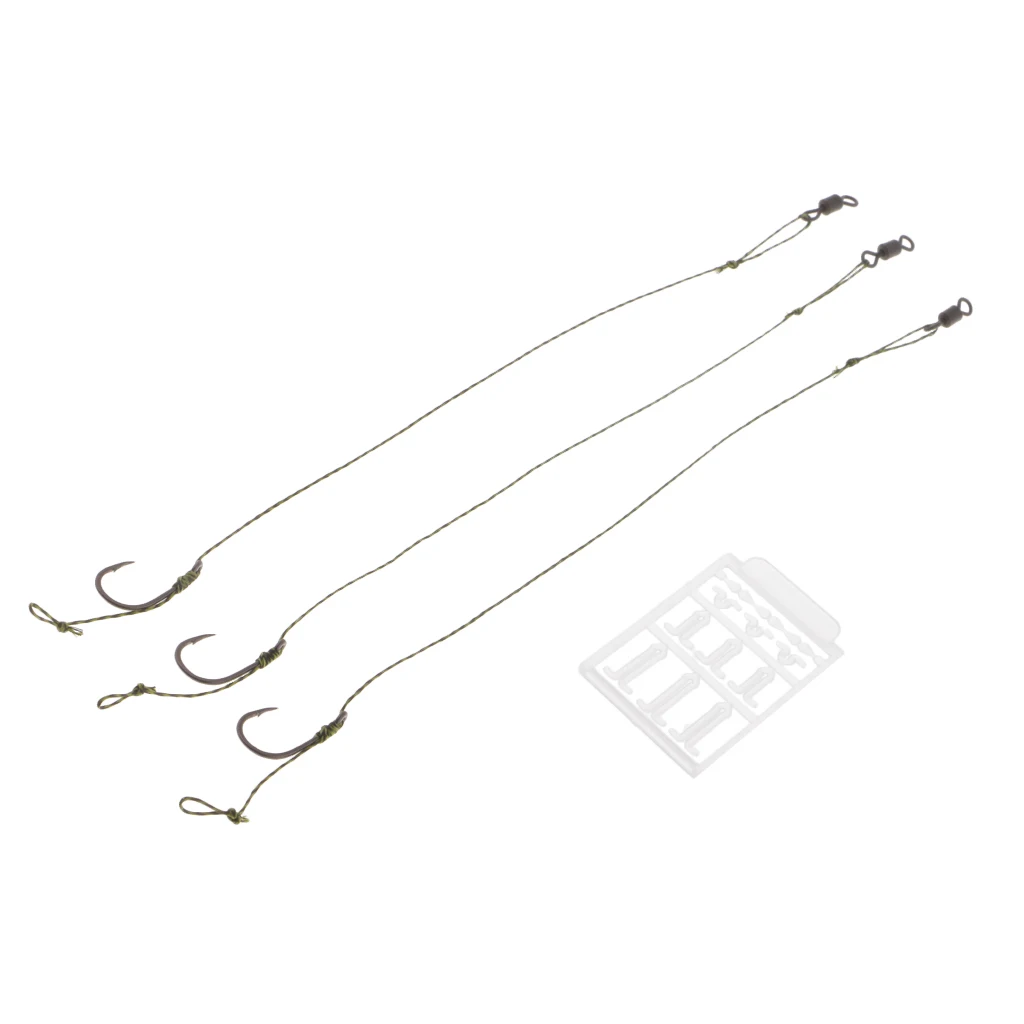 3pcs Ready Tied Carp Fishing Rigs, Nylon Braided Line Barbed Hook & Swivel 17.5 cm/6.9 inch