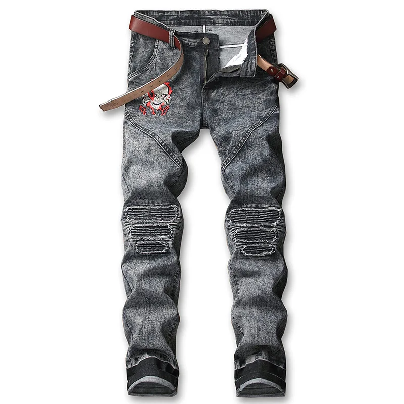 

Autumn Winter Men Embroidery Jeans Skeleton Pattern Embroidery Destroyed Straight Jeans Pants Plus Size Men Jeans Trousers
