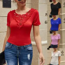 

80%HOT Sexy Women Long Sleeve Solid Color Lace Stitching V Neck Slim Blouse T-shirt