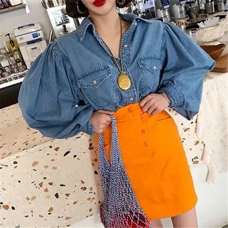 Casual Denim Shirt Women Turn down 
