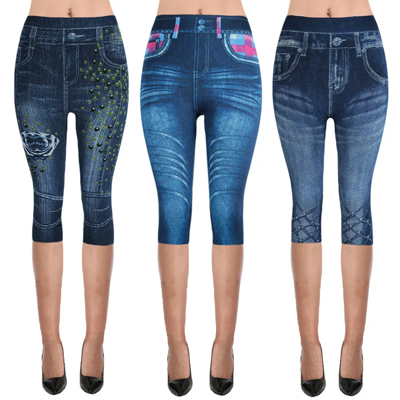 

Women Plus Size Yoga Pants Imitation Cropped Trousers 2019 New Mock Pocket Pants Slim Jeggings Denim Skinny