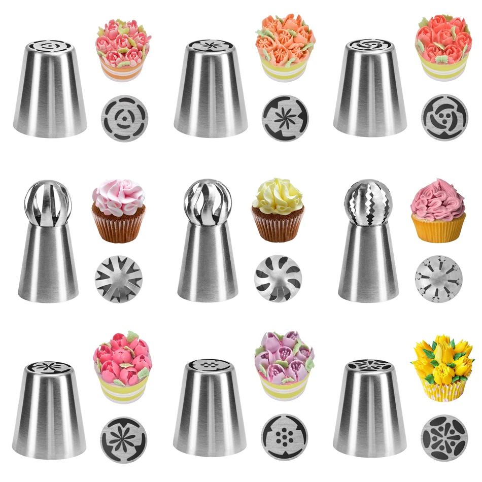 

4YANG 2pcs/set Russian Nozzles Cake Cupcake Decoration Stainless Steel Piping Nozzle Tulip Sphere Pastry Tips Baking Accessories