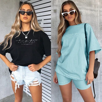 

Summer Casual Women Set Short Sleeve Top Shirt and Biker Shorts Print Two Piece Sets Loose Home Outfit
