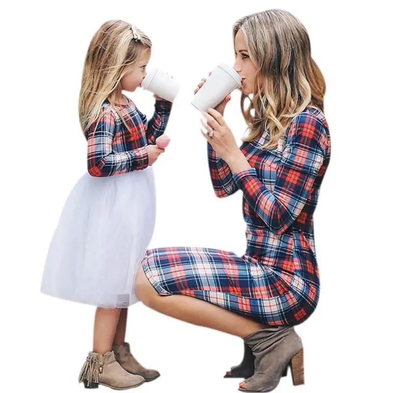 

Parent-Child Spring Autumn Girl Kids Women Long-Sleeves Plaid Print Dress Mother & Daughter Plaid European Style Dress