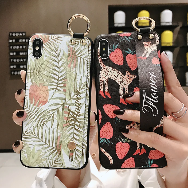 

Cover Phone Holder Case For Samsung Galaxy Note 8 9 S8 S9 S10 plus S10e Flower Soft Silicone Wrist Strap support Case Back Cover