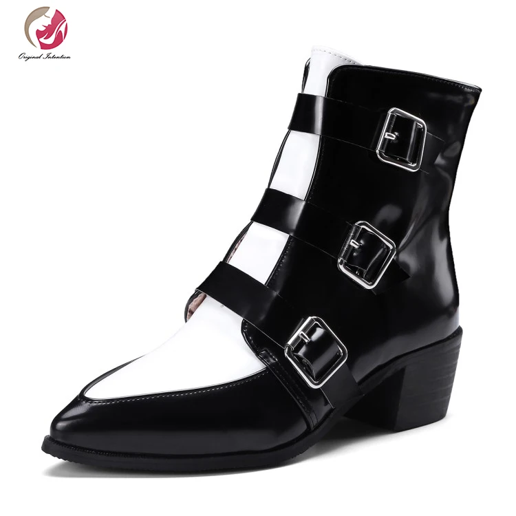 

Original Intention Triple Buckles Ankle Boots Woman Pointed Toe Shoes Autumn Winter Fashion Square Heels Boots Casual Concise