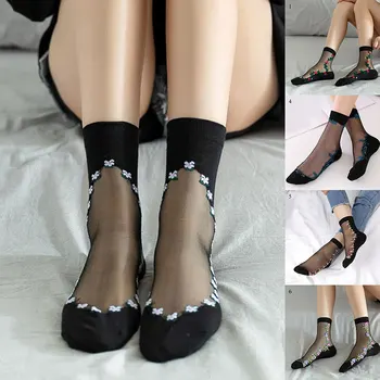 

Breathable Ultra Thin Socks Summer Women Transparent Lace Silk Crystal Rose Flower Girls Elastic Short Socks Sox embroidery New