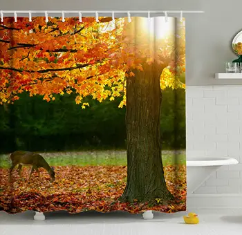 

Autumn Forest Maple Tree Fall Leaves Animal Deer Golden Sunlight Seasonal Shower Curtain Set 60 x 72 Inches, Home Decor Bathroom