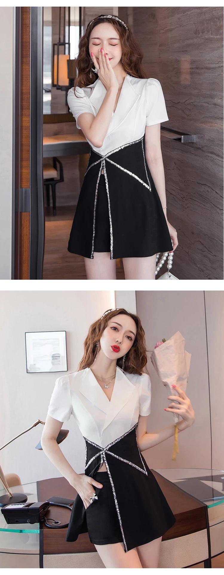 Vintage Short Sleeve Top Casual Women Work Style Black Straight Shorts Black White Splice Split Midi Shirt Blouse 2 Pieces Set yellow pant suit