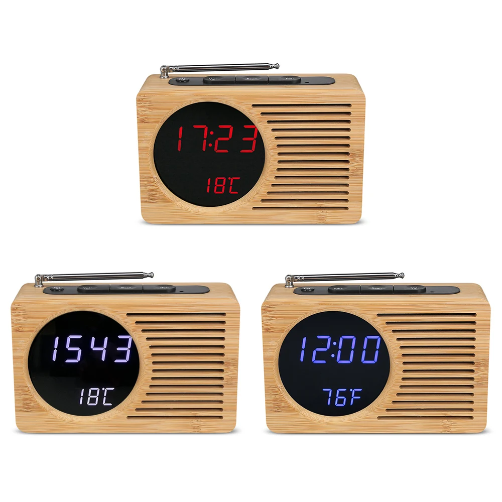 

Multi-function Bamboo Wooden LED Digital Alarm Clock FM Radio Brightness Adjustable Desktop Table Clocks for Home Bedroom Office