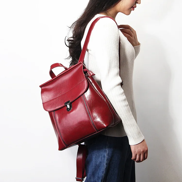 

2019 Spring And Summer New Style Korean-style Oil Wax Cowhide WOMEN'S Backpack Simple Large Capacity Travel Bag College Style Ba