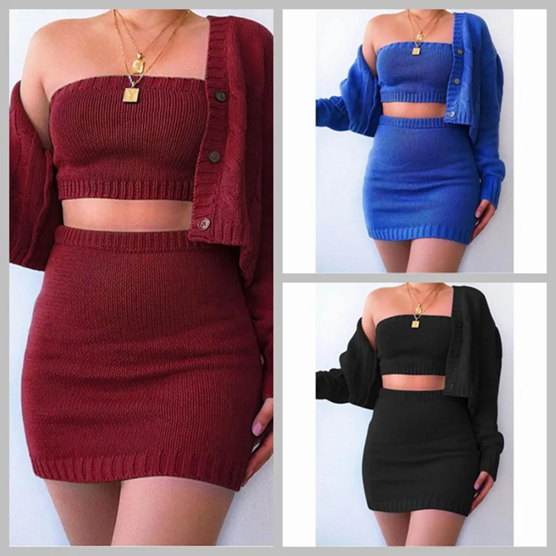 

Hot Selling WOMEN'S Dress Europe And America Fashion Sexy Sweater Set Cardigan Short Skirt Three-piece Set Ba0644
