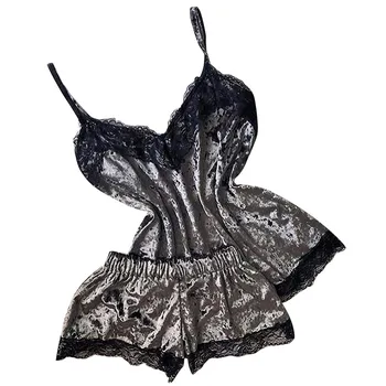 

2Pcs Women Pajama Set Silky Sexy Lace Spaghetti Strap V-Neck Sleeveless Bralette Tank Top + Elastic-Waist Shorts Suit Sleepwear