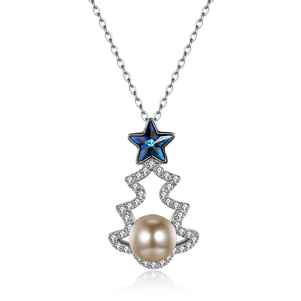 

Christmas Necklace Santa's Christmas Tree Pendant Gift Blue Star Fashion Crystal and Fashion Pearl Romantic Silver Necklace