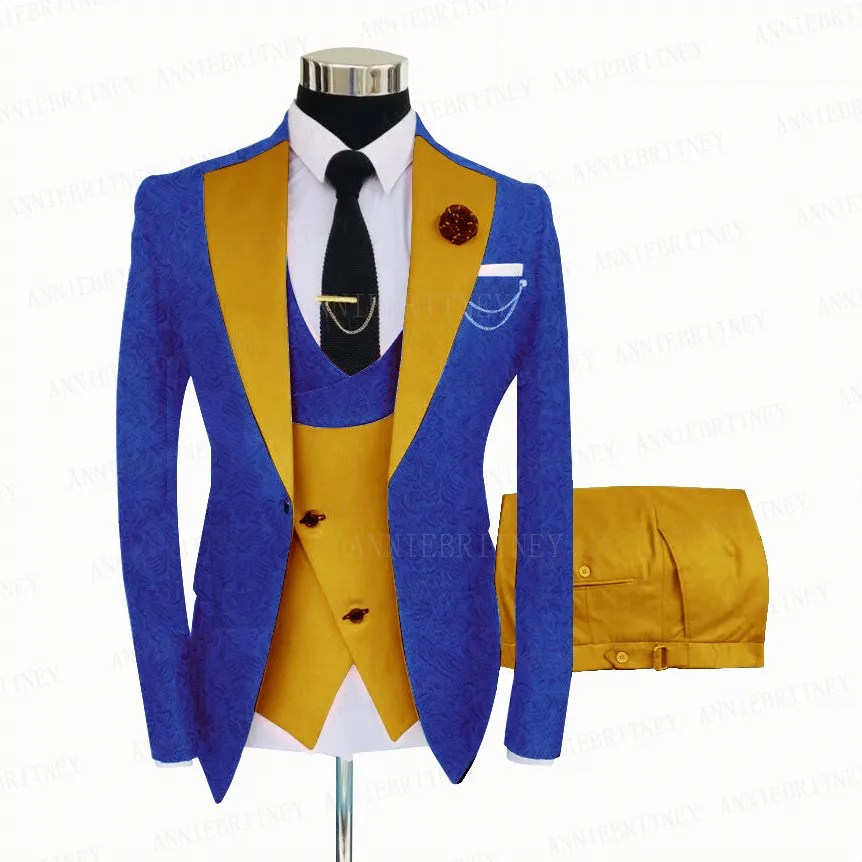 Royal Blue Men 3-Piece Suit Tailored Best Man Groom Wedding Tuxedo Slim Fit Jacquard Blazer Vest Pants Set