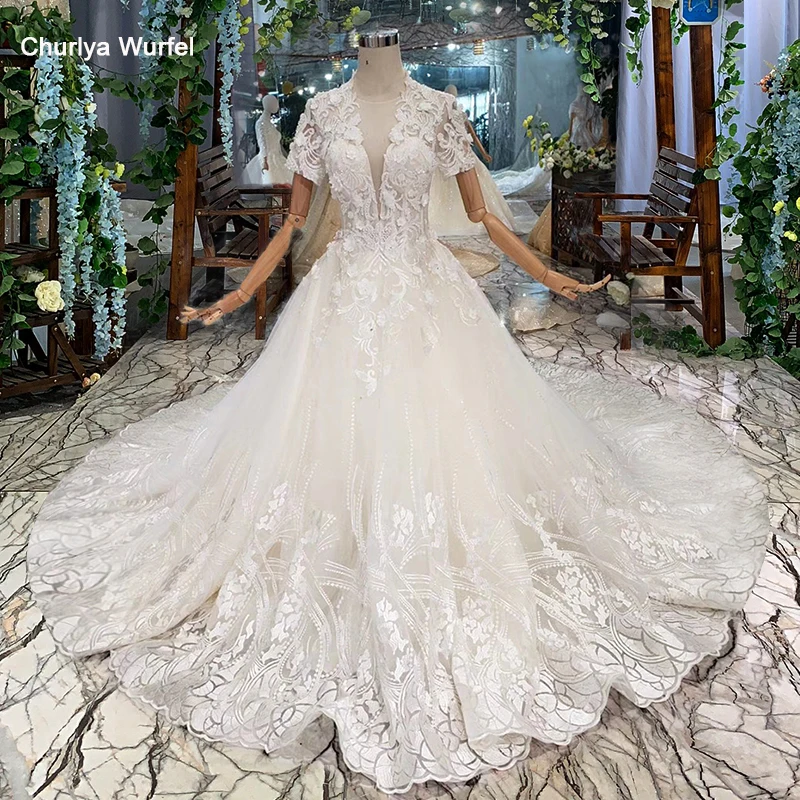 

HTL253 Floral print Wedding Dress 2019 with short sleeves v-neck ball gown lace up back handmade bridal dress wedding with train