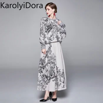 

2020 Fashion Designer Print Two Piece Set Autumn Winter Women Hoodies Round Neck Loose Pullover Sweatshirt + Long Maxi Skirt Set