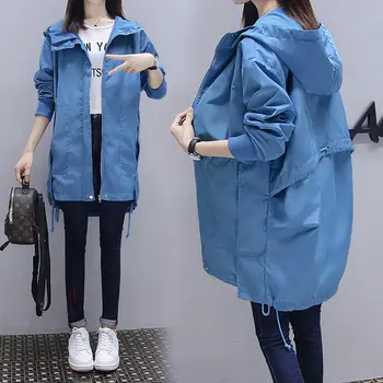 

Waterproof Jacket Women 2020 Spring Autumn Coat Wild Mid-length Loose Large Size Casual Student Windbreaker Hooded Solid Long