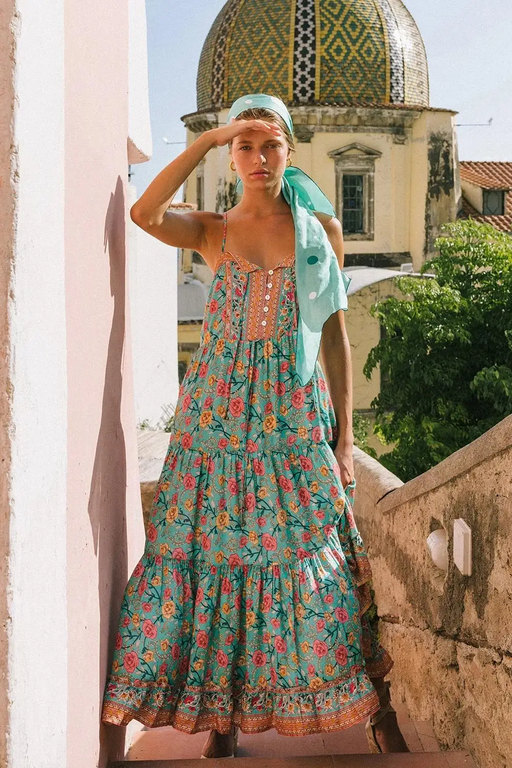 KIYUMI Boho Платье женское без рукавов на бретельках vestido одежда летнее Повседневное платье на пуговицах с цветочным принтом пляжное платье на шнуровке