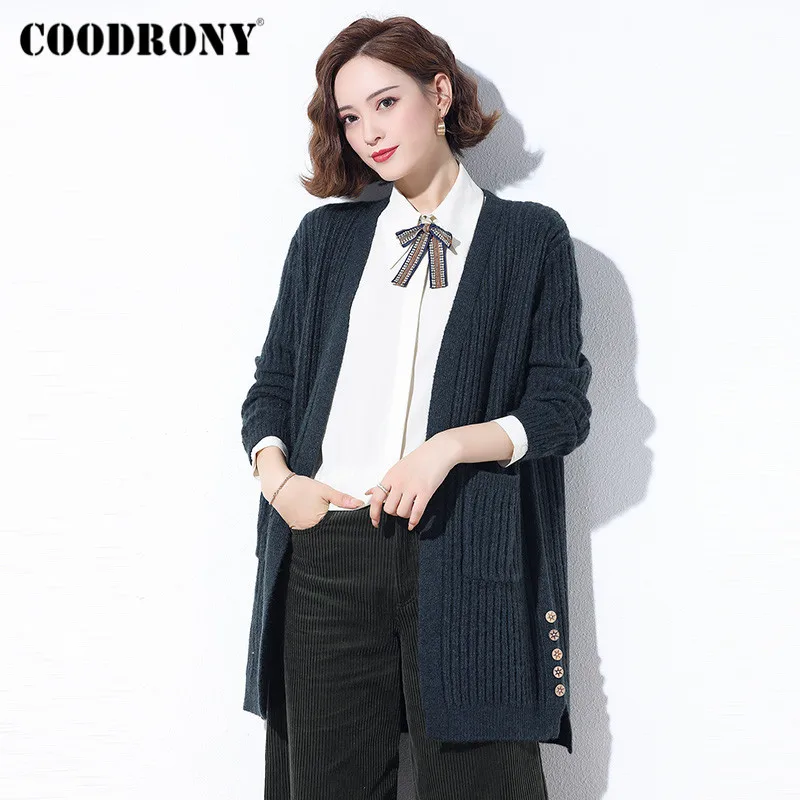 COODRONY Brand 2020 Autumn Winter Women Pure Color Long Cardigans Elegant Style Warm Slim Pockets Sweaters Female W1093