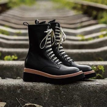 

INS fashion punk women platform high heels wedges ankle boots black beige geunine leather gothic lace-up winter designer shoes