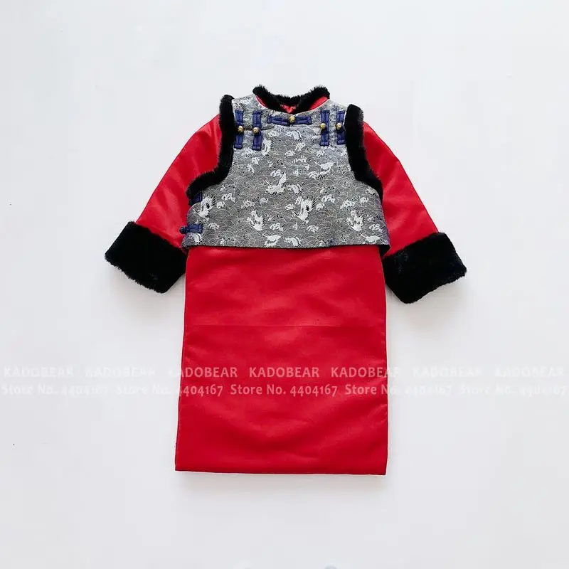 Hanfu/зимний жилет для маленьких мальчиков длинный меховой халат детский Традиционный китайский новогодний костюм в стиле Тан детский комплект одежды с вышивкой для выступлений