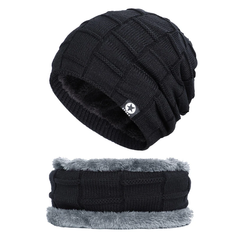 style3 black Комплект из 2 предметов, зимняя шапка, Шапочка-шарф, теплая вязаная шляпа, толстая флисовая подкладка, зимняя шапка и шарф для женщин, толстая шапка с черепом для мужчин - Цвет: style3 black