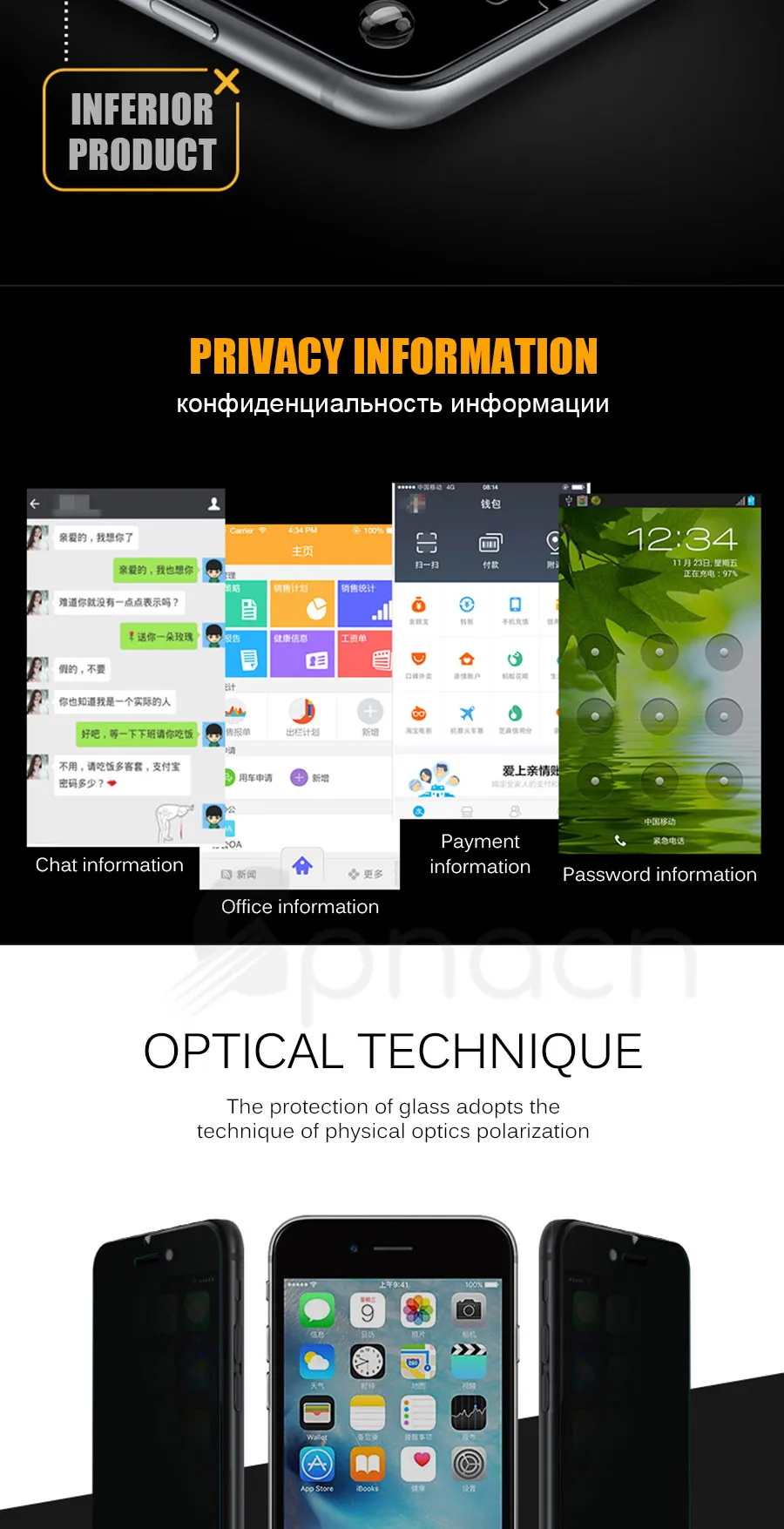 Антишпионское закаленное стекло для iPhone 6 6S 7 8 Plus 5 5S SE Защита ...