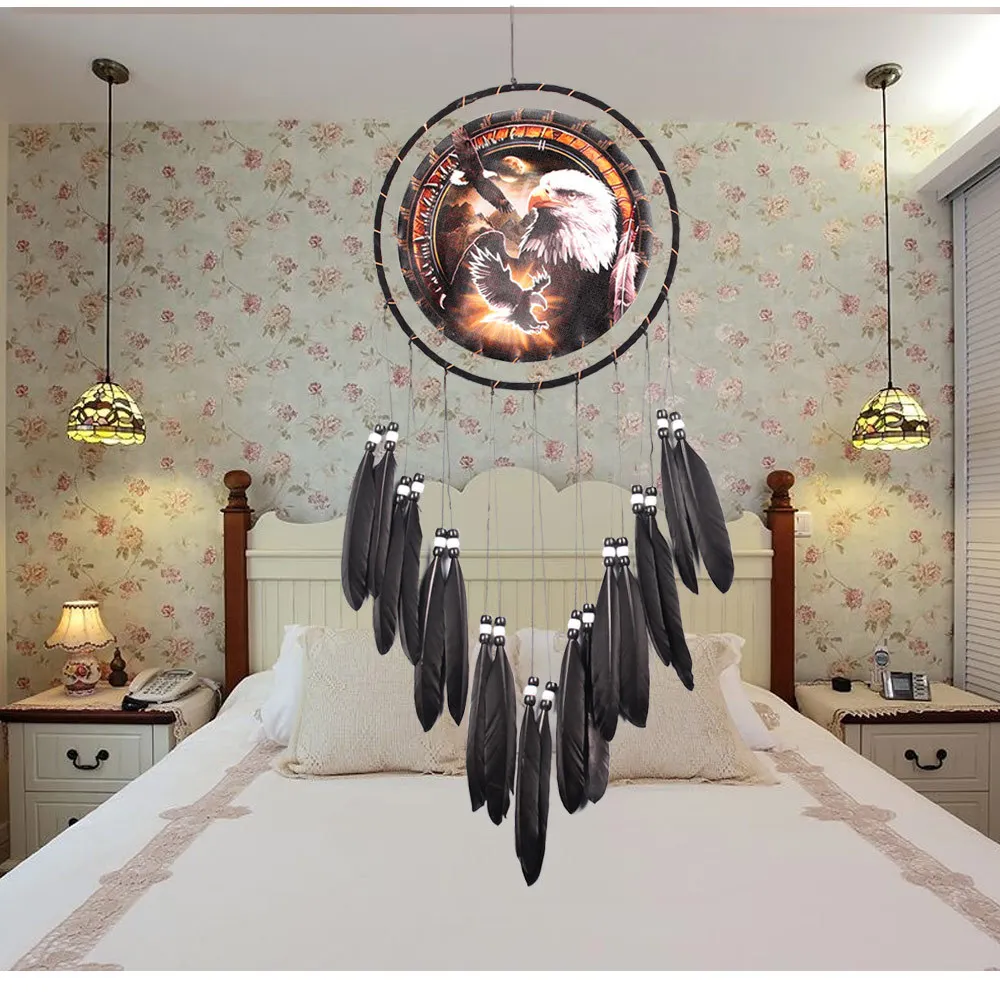 MS6836 New Products Eagle Oil Painting Black Feather Dreamcatcher Furniture Decorative Crafts Wall Decoration Wall Hangers