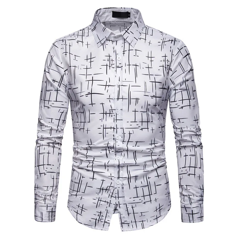 Белая рубашка с принтом для мужчин Camisa Social Masculina Осенняя новая приталенная Мужская рубашка с длинным рукавом деловая повседневная мужская рубашка