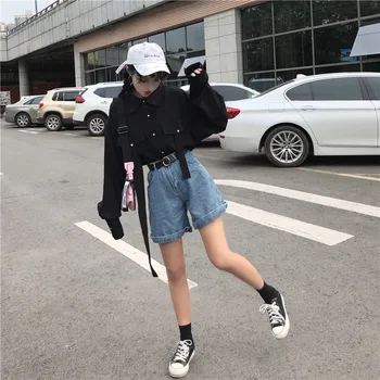 

Autumn Women Women Fashion Korea Style Single Breasted Multi Pocket Loose Oversized Student Unique Design Female All Match Shirt