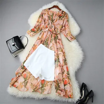 

High Fashion Women Two Piece Summer Sets 2020 Designers Asymmetrical Print Long Chiffon Blouse and Shorts Suit Matching Sets