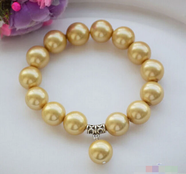 DYY 914+++ растягивающийся " 14 мм Золотой Южно-морской жемчужный браслет