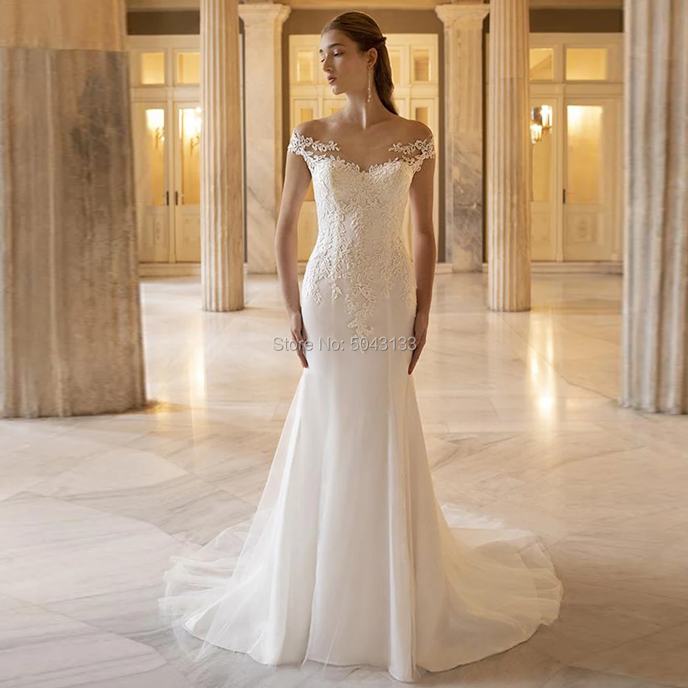 

Sexy Mermaid Wedding Dresses with Lace Appliques 2019 Off The Shoulder Scoop Neck Short Sleeves Bride Wedding Gowns Sweep Train