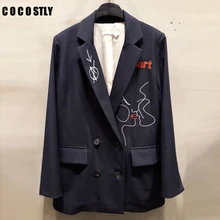 Новинка года; Модный повседневный длинный рукав блейзеры для женщин с карманами; элегантный женский костюм с вышитыми буквами