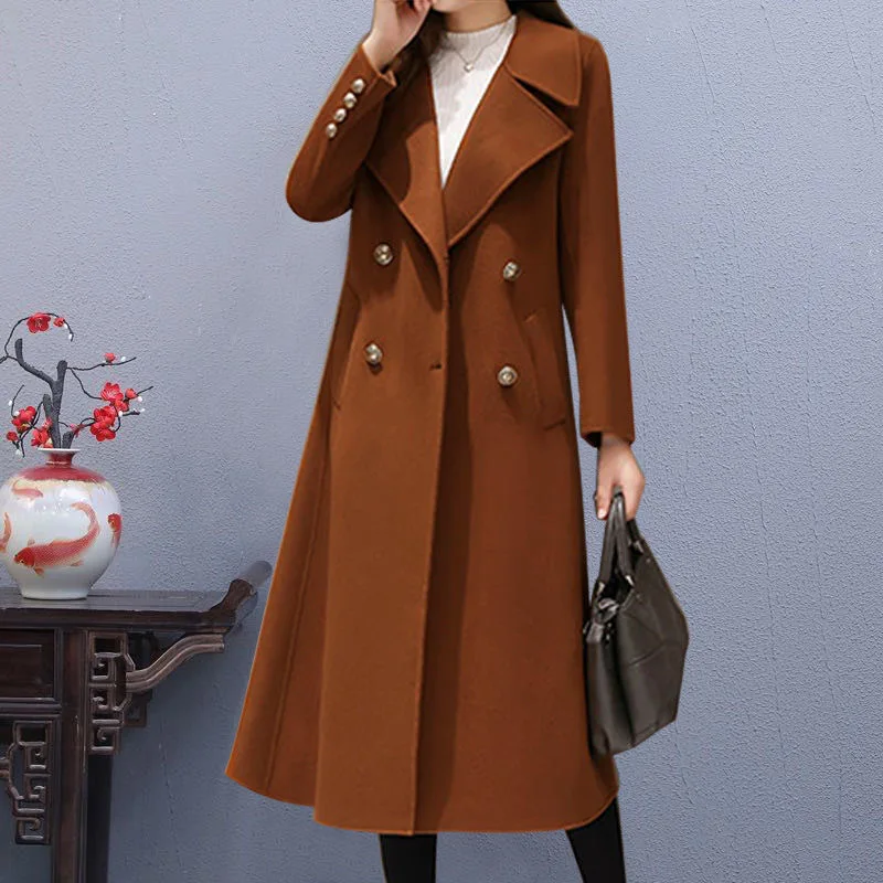 Autumn Winter Warm Wool Coats Women Fashion Double Breasted Chic Overcoat Solid Color Long Sleeve Thicken Oversized Outwear | Женская