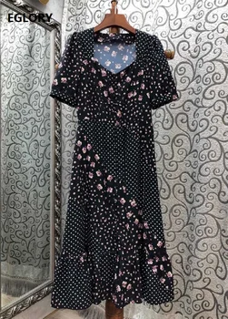 

Newest Fashion Dress 2020 Summer Style Women Sexy Asymmetrical Collar Polka Dot Print Short Sleeve Mid-Calf Casual Vintage Dress