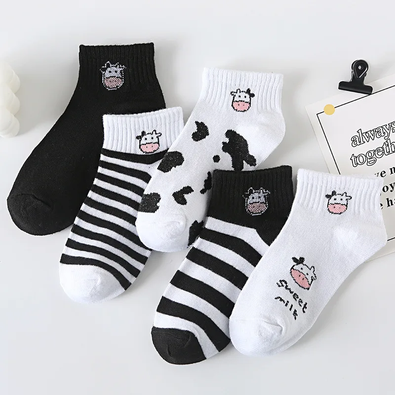 Calcetines con estampado de vaca para mujer, medias cortas de algodón Harajuku a rayas, transpirables, informales, 5 pares
