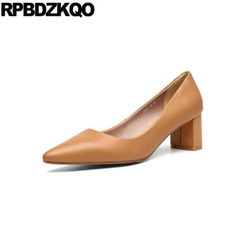 

2019 nude luxury medium heels block size 4 34 fashion shoes brand slip on pointed toe yellow women pumps chunky genuine leather
