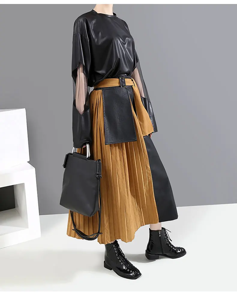 XITAO, Лоскутная плиссированная юбка из искусственной кожи, женская одежда, модная Свободная Повседневная универсальная трапециевидная юбка, новинка ZLL4526