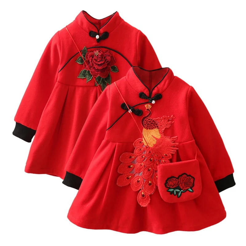 

Winter Children's Chinese Style Printed Plus Velvet Dress + Small Shoulder Bag New EE