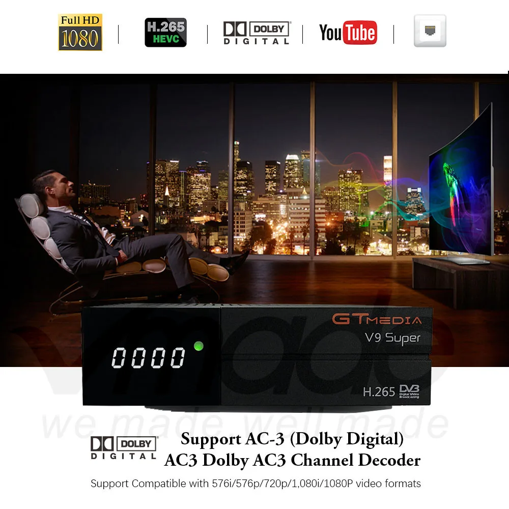Gtmedia V9 Супер Спутниковый ресивер Full HD H.265 ТВ приставка freesat V9 супер Поддержка Dolby, Youtube, Cccam, PVR, IP ТВ-приставка