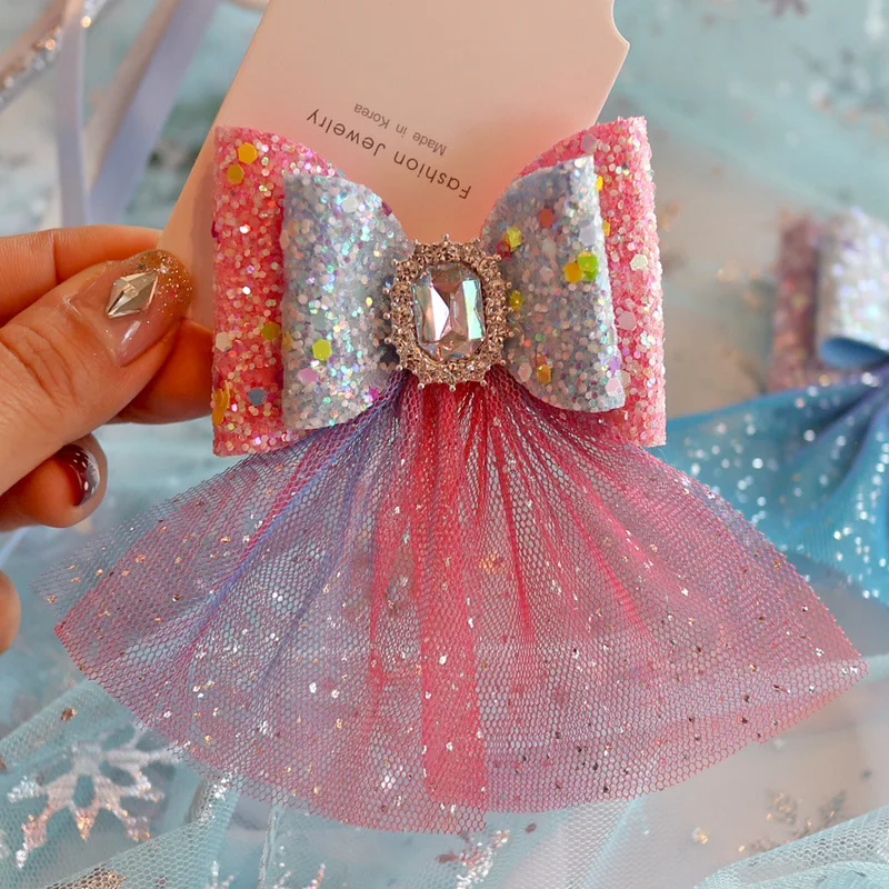 Милые сетчатые заколки с бантами для волос с кристаллами и голубыми бриллиантами для девочек, заколки для волос со снежинками, вечерние, танцевальные головные уборы, подарки на день рождения
