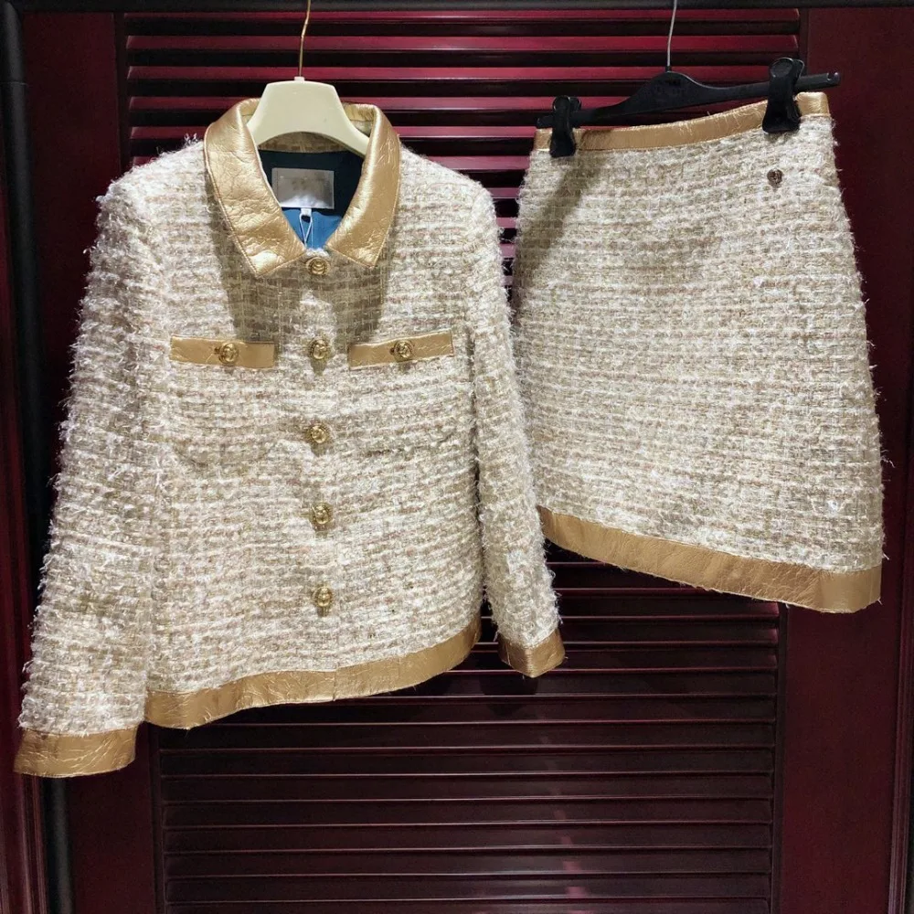 Египетская коллекция роскошный золотой кожаный воротник твидовая куртка плюс размер зимнее пальто и юбка комплект 5xl 6xl удивительный casaco feminino