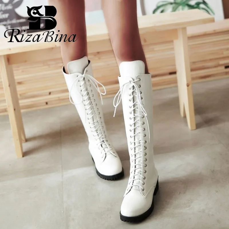 

RIZABINA Cross Strap Women Knee High Boots Solid Color Round Toe Winter Warm Shoes Leisure Long Boots Women Footwear Size 34-43