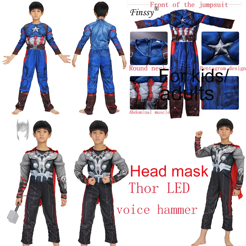 

Superhero Kids Boys Muscle Captain America Thor Costume Avengers Child Cosplay Super Hero LED voice hammer Halloween Costumes